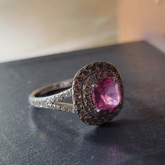 Glamorous Rhodium-Plated Size 9 Ring with Pink Gemstone and Pave Accents - Picture 9 of 16